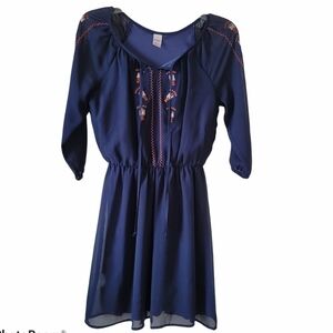 Bongo Embroidered Blue Sheer Sleeve Dress Sz S Juniors
